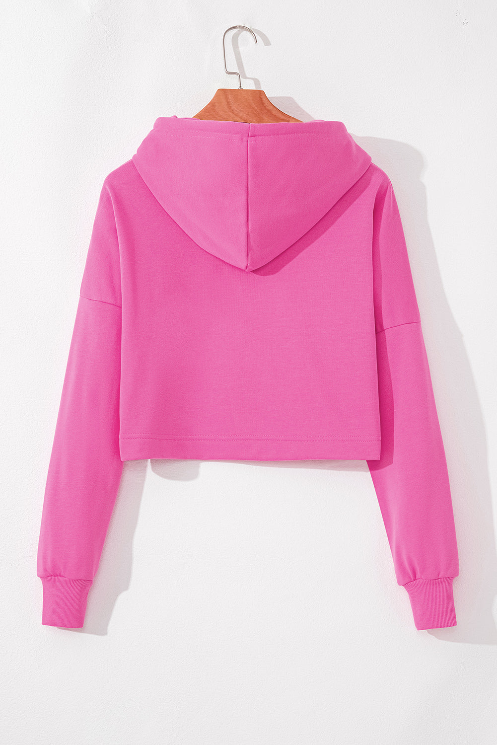 Sachet Pink Solid Drop Shoulder Drawstring Cropped Hoodie